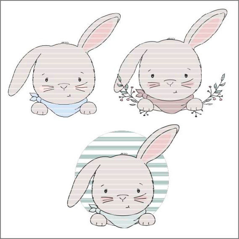 Op de afbeelding: Drie schattige cartoon-konijnen met verschillende gekleurde sjaals. De konijnen zijn getekend in een eenvoudige stijl met grote ogen en kleine neuzen. Het eerste konijn draagt een blauwe sjaal, het tweede konijn draagt een roze sjaal en het derde konijn draagt een groene sjaal.