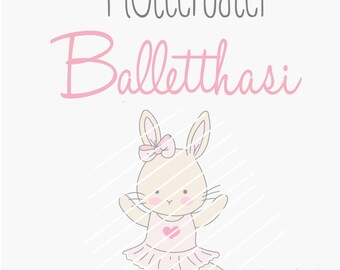 Op de afbeelding: Een digitaal bestand voor een plotterontwerp met een schattig ballerina-konijn in een roze tutu met een roze strik in haar haar. De tekst "Plotterdatei Ballettnasi" staat boven het konijn. De tekst "JUNO Design" staat onder het konijn.