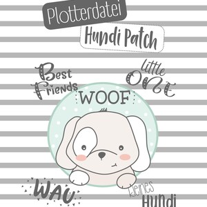 May include: A cute cartoon dog with a light blue background and white polka dots. The dog is surrounded by text that says "Best Friends", "Woof", "Little One", and "Wau".