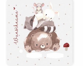 May include: A watercolor illustration of a stack of woodland animals on a white background with gray polka dots. A brown bear is at the bottom of the stack, a raccoon is in the middle, a white rabbit is on top of the raccoon, and a gray mouse is on top of the rabbit. A red mushroom is in the bottom right corner.