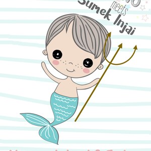 May include: A cartoon illustration of a blue mermaid boy holding a trident. The text "JUNO Design meets Sumek Injai" is above the boy. The text "Meerjungbub mit 3-Zack" is below the boy.