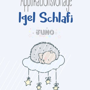 May include: A cute illustration of a hedgehog sleeping on a cloud with stars hanging from it. The text "Applicationsvorlage Igel Schlafi JUNO Design" is above the hedgehog.