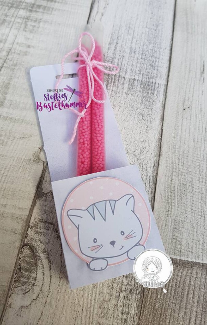 Pode incluir: Um conjunto de presentes com dois tubos transparentes cheios de contas rosa, amarrados com barbante rosa. O conjunto inclui um cart&atilde;o com uma ilustra&ccedil;&atilde;o de gato de desenho animado e o texto "Steffies Bastelhammer".