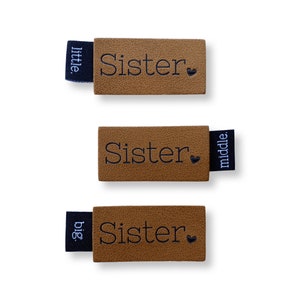 1 set &quot;sister&quot; and &quot;little&quot; or &quot;middle&quot; or &quot;big | label | sewing | for children | DIY | iron on | iron-on | faux leather | vegan