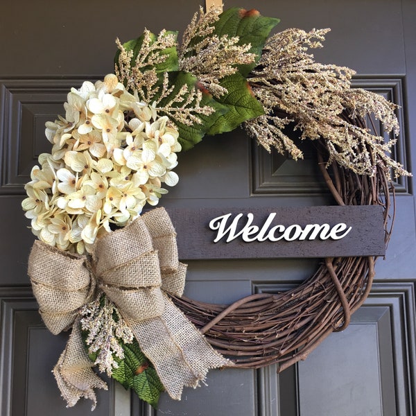 All season wreath for front door - beige hydrangea wreath - cream hydrangea wreath with accent - welcome wreath - spring wreath - wreaths