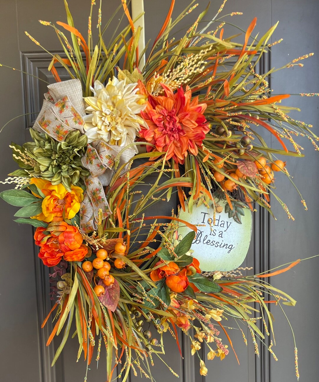 Fall Wreath for Front Door Autumn Wreath With Accent Thanksgiving ...