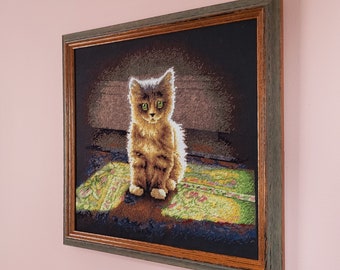 Adorable Kitten Cross Stitch Needle Art with Brown Rustic Frame