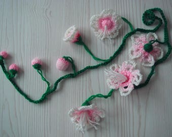peach flower vine,knitted,plants,art crochet,necklace,lariat,wedding, wreath,scarf, boho,white,=MaryDengZF