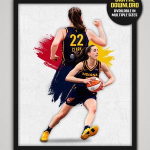 May include: A framed digital download featuring a basketball player in a navy and gold uniform with the number 22. The image includes the text "DIGITAL DOWNLOAD AVAILABLE IN MULTIPLE SIZES". The background has red and yellow brushstroke accents.