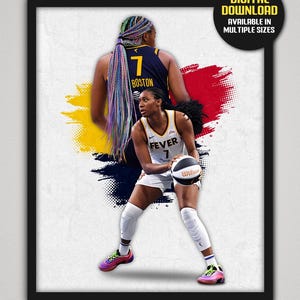 May include: Digital download poster featuring two basketball players in action. One player wears a navy blue jersey with the number 7 and "Boston" on it. The other player wears a white jersey with "Fever" and the number 7. The poster includes the text "DIGITAL DOWNLOAD AVAILABLE IN MULTIPLE SIZES."