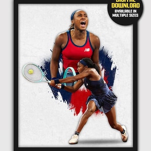 Peut inclure: Impression d'art numérique téléchargeable représentant une joueuse de tennis en action. L'œuvre d'art présente la joueuse dans une tenue rouge et bleu marine, avec une raquette et une balle de tennis. Le fond présente des coups de peinture rouges et bleus. Le texte sur l'image indique "TÉLÉCHARGEMENT NUMÉRIQUE DISPONIBLE EN PLUSIEURS TAILLES."