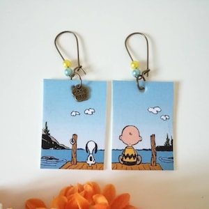 Snoopy orecchini di carta tenerissimi con perline celesti e gialle