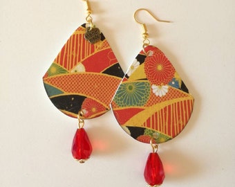 Hanging paper earrings with Japanese image and red bead