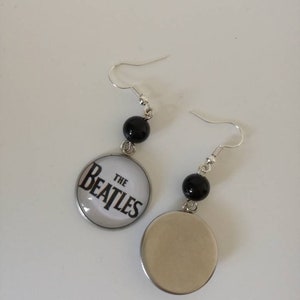 Beatles earrings with 20 mm round pendant in black and white and black bead image 4