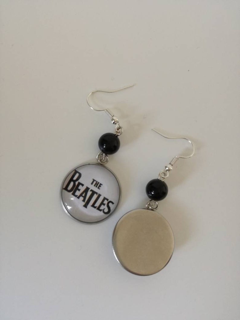 Beatles earrings with 20 mm round pendant in black and white and black bead image 4