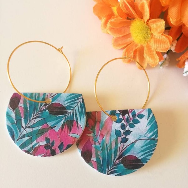 Dangle paper earrings with abstract floral pattern pendant and 3cm golden hoop hooks