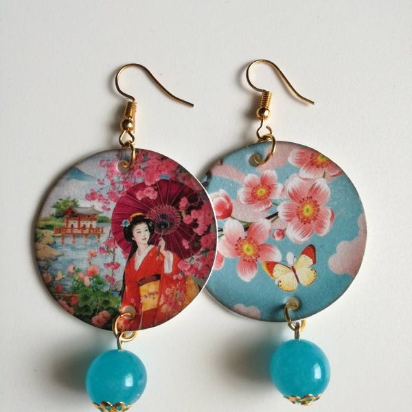 Boucles d'oreilles pendantes en papier avec pendentif cercle et image japonaise avec perle en pierre dure bleu clair