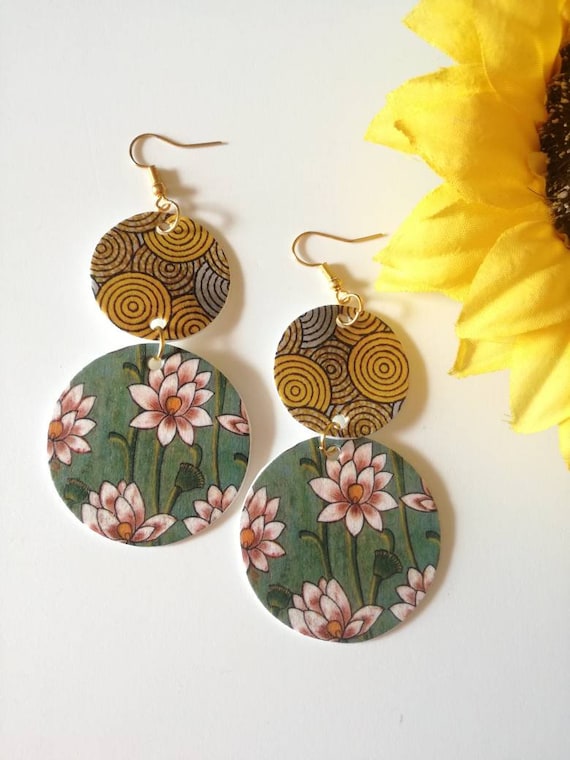Buy Hanging Paper Earrings With Floral Pendant and Aqua-green