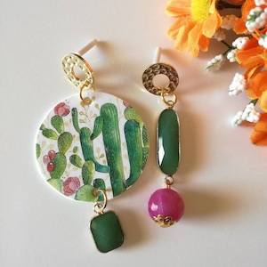 Cactus orecchini di carta con ciondolo a forma di cerchio e immagine con fantasia cactus verdi e fiorellini