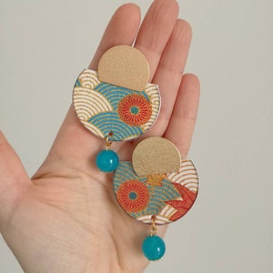 Orecchini giapponesi di carta pendenti con ciondolo a forma di semicerchio, immagine nipponica con pietra azzurra