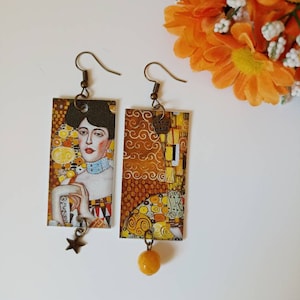 Klimt orecchini pendenti di carta con ciondolo a forma di rettangolo e immagine dedicata a Klimt, pietra gialla e ciondolo a stella