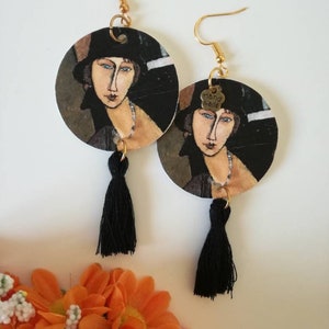 Modigliani orecchini di carta con ciondolo a cerchio e nappina di cotone nero