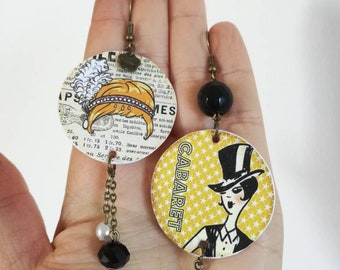 Cabaret theater paper earrings with circle pendant, vintage theatrical image and black and white beads.