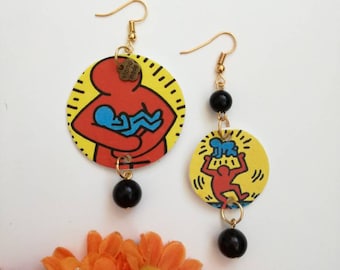 Keith Haring orecchini di carta pendenti con ciondolo a forma di cerchio e perline nere maternità