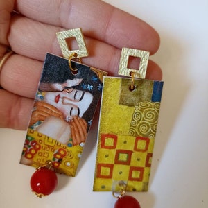 Klimt orecchini pendenti di carta con ciondolo a forma di rettangolo e immagine dedicata a Klimt e pietra rossa