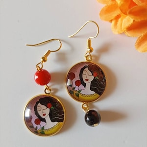 Orecchini cammeo pendenti volto di donna con ciondolo a cerchio cammeo 2 cm con perle rosse e nere