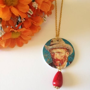 Van Gogh collana lunga con ciondolo a cerchio di carta dedicato alla splendida arte di Van Gogh e perla a goccia rossa