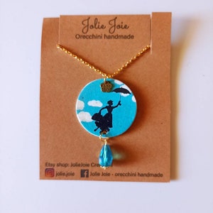 Mary Poppins collana lunga con ciondolo a cerchio di carta e perla a goccia di vetro azzurra