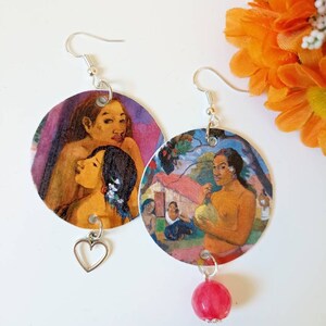 Gauguin orecchini di carta con ciondolo a cerchio, pietra rosa e ciondolo a cuore