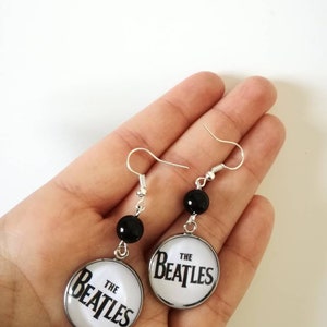 Beatles earrings with 20 mm round pendant in black and white and black bead image 6