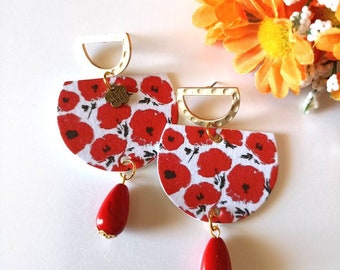 Paper earrings with pendant in the shape of a circle and pattern with red poppies and red drop pearl