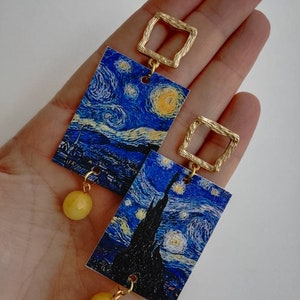 Van Gogh orecchini di carta pendenti con "notte stellata", gancio dorato e pietra gialla