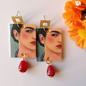 Frida Kahlo orecchini di carta pendenti con perlina a goccia bordeaux