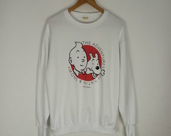 Felpa vintage anni '90 con stampa grande di TINTIN e Snowy