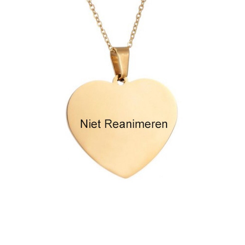 Niet Reanimeren Penning Niet Reanimeren Ketting Gegraveerd Hart Hartje Roestvrij Staal RVS Verstelbaar Goudkleurig afbeelding 1