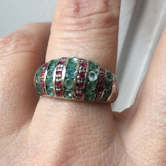 COLOMBIAN EMERALD RUBY Sterling Large Vintage Rin… - image 7