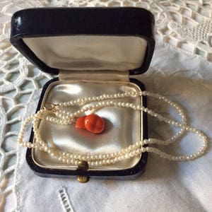 XIX ANTIQUE Seed PEARL Carved Coral necklace- 14 carats Gold- Genuine small Fine pearl- Hand carved natural coral-Antique box