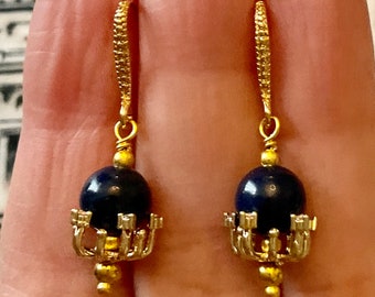 ART DECO azul LAPIS Lazuli Pendientes Vintage Chapados en Oro- Cristal - Elegante Joya de Diseño Original- Alta Costura - De Francia