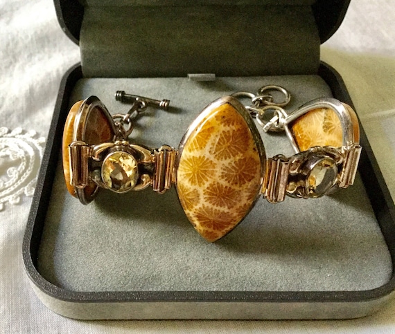 Vintage Exceptional FOSSIL CORAL CITRINE Sterling… - image 1