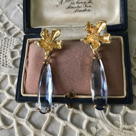 Smoked Sapphire Crystal Rhinestone and Antique silver Pewter bar with Brass Arch and Tiny crystal Dangles Earrings Drop Earrings