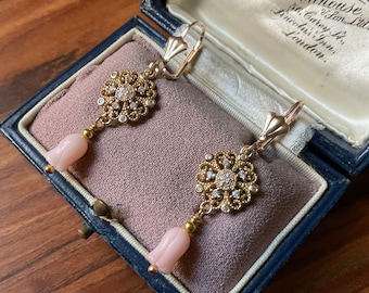CARVED CORAL TOPAZ Gold Plated Vintage Long Earrings- Haute Couture - Splendid design- Sparkly Stone- Rose Coral from France