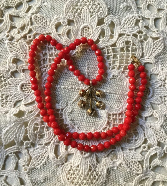 Vintage RED CORAL, GOLD Silver- White Sapphire Co… - image 1