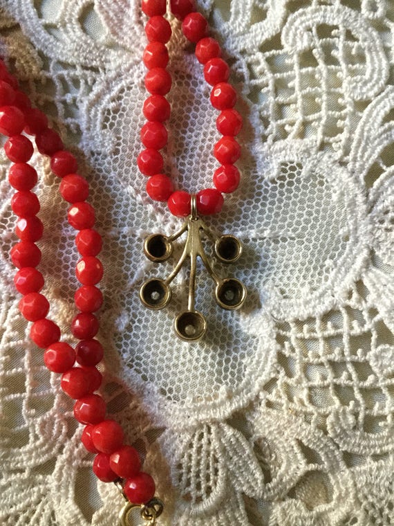 Vintage RED CORAL, GOLD Silver- White Sapphire Co… - image 4