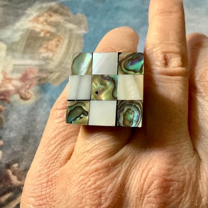 SCANDINAVIAN MODERNIST c1960 Bakelite & Mother of Pearl- Vintage Natural Ring - Organic Jewel- Arts Hand Craft Stunning Carved Design
