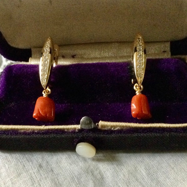 CARVED CORAL White TOPAZ gold Plated Vintage Earrings- Splendid Design- Flower Carved- Red Coral- vintage Jewel from France