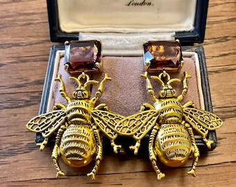 PENDIENTES DE INSECTO DE ABEJA Chapado en oro granate- Impresionante joya de diseño vintage- Stud Sterling 925 Hallmark- Pendientes originales de Francia